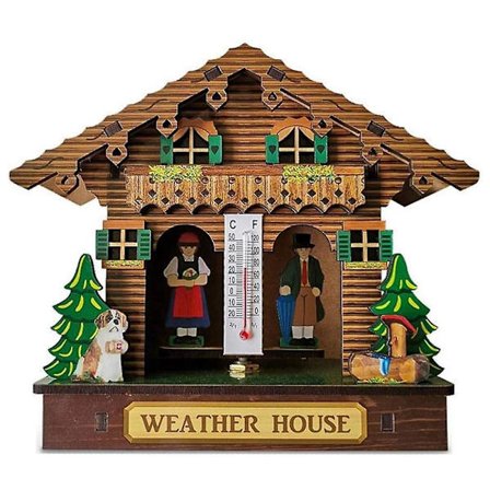 Väderhus Skog Säämaja Mies- ja naishahmoilla, puutalo, barometri, lämpömittari ja kosteusmittari, A