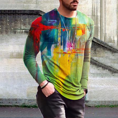 Män Långärmad Basic Tee Tie Dye Crew Neck Color Block Tops