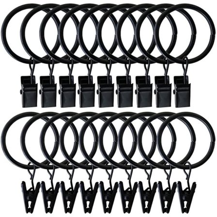 INF Gardinringe med klemmer sort 20-pak (LGL)