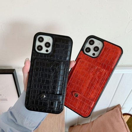 iPhone 13, 13 Pro, 13 Pro Max lompakkosuoja musta aitoa nahkaa