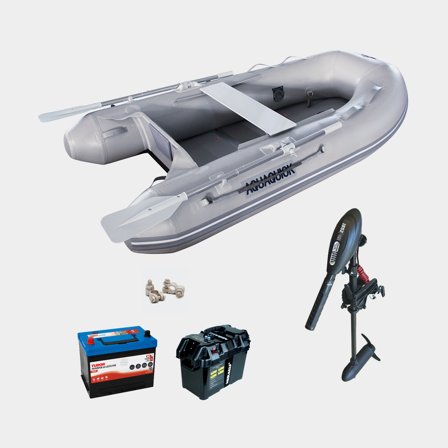 Schlauchboot / Schlauchjolle mit Elektro-Außenborder Aquaquick 270, Holzboden, grau + 1852-Marine 0.8 hk, 600 W, 66 cm verstellbare Rigg-Länge + 