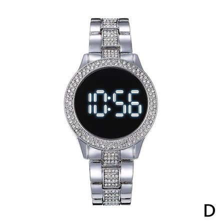 LED-ur i rustfrit stål, dobbelt række, rhinsten, multifunktionelt, magnetisk spænde, digitalt ur