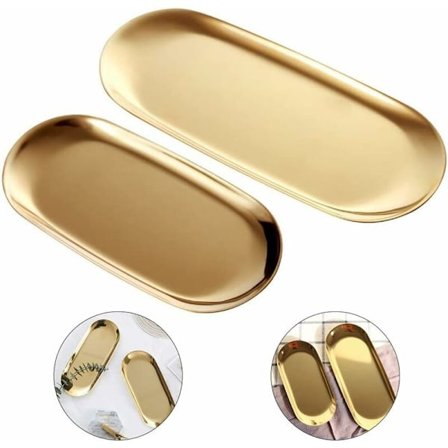 2 stk. Guld Bakke - Nordisk Stil Rustfrit Stål Opbevaringsbakke Frugtbakker Kosmetisk Smykkearrangør, Gave til Mor, Gylden, Oval (2 Størrelser)-