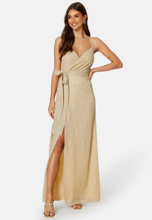 Goddiva Glitter Wrap Front Maxi Dress Light Gold Klær