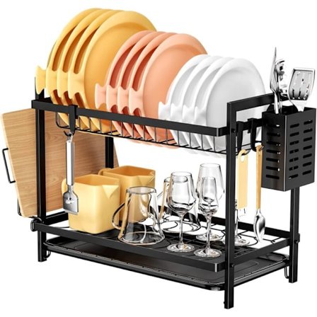 ETodelt køkkenopvaskestativ, sort, over vask, med aftagelig drypbakke og bestikholder