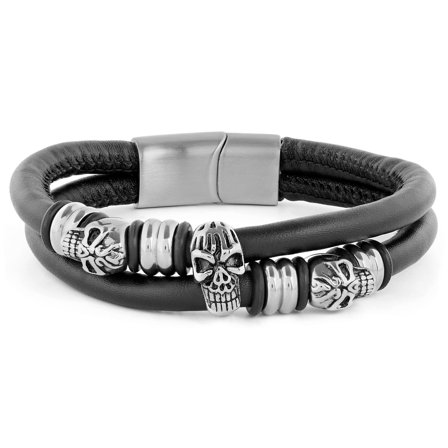 Bracelet en cuir noir et crânes en acier pour hommes