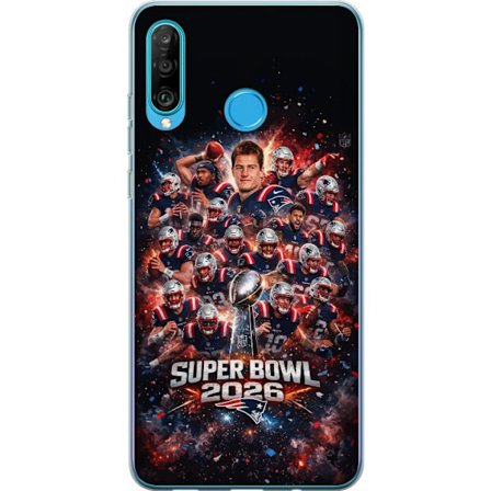 Kompatibel Mobilcover til Huawei P30 lite Super Bowl 2026 plakat med New England Patriots og NFL-pokal i eksplosiv sportsdesign