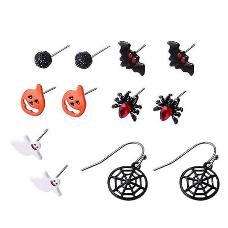 6 Paria Hauskoja Halloween-korvakoruja Kurpitsa Hämähäkki Lepakko Kummitus Korvanapit Koukku Korvakorut
