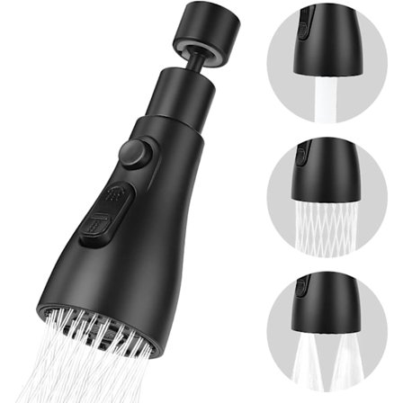 Svart kjøkkenvaskkran 360 grader, 3 moduser kjøkkenkranmunnstykke med lufter, kjøkkenvask blandebatteri roterende kranhode, universal justerbar