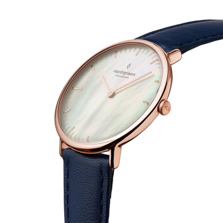 Nordgreen Scandinavian slim analog women's watch - Rose Gold Case - Black Dial - 28mm Navy Vegan Leather Watch Band Native White Dial
