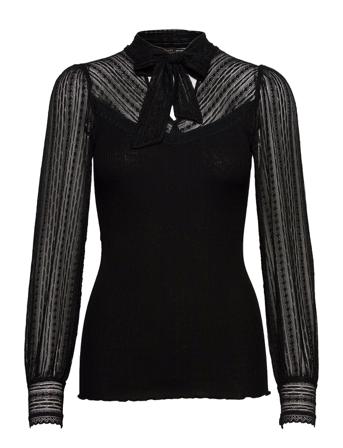 Silk T-Shirt Ls W/Lace & Bow Blus Långärmad Svart Rosemunde