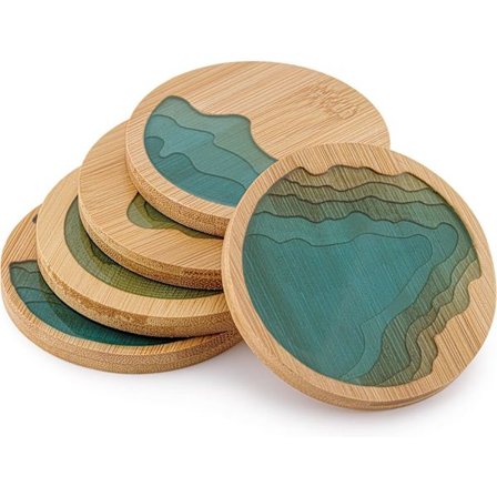 Rundt Ocean Wave Epoxy Resin og Bambus Coaster Drikkeunderlag - 5 Pak