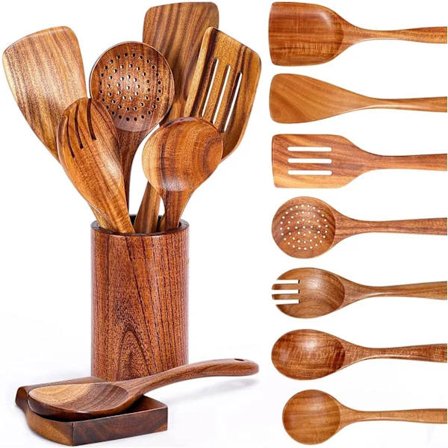 9-delt madlavningsskeer, køkkenredskaber i træ med redskabsholder, køkkenredskabssæt i teak-FA-