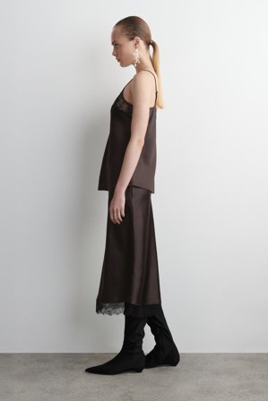 COS Femme Jupe Midi En Satin Et Bordure En Dentelle in Marron