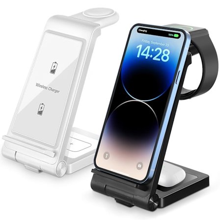 Trådløs opladningsstativ 3-i-1 trådløs oplader hurtig opladning foldbar stativ kompatibel med Apple Watch og de fleste telefoner øretelefoner (sort)