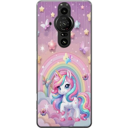 Kompatibel Mobilcover til Sony Xperia Pro-I Magisk enhjørning med regnbue manke, stjerner og sommerfugle mod en pastelfarvet himmel med skyer