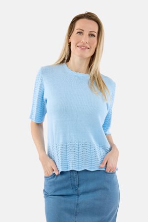 SIGNATURE - Kortærmet Strik - Lyseblå - Hulmønster