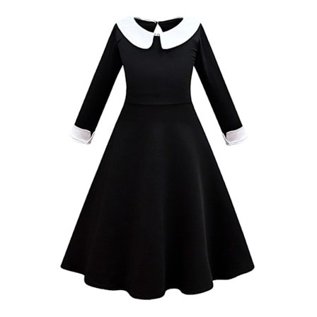 Addams Family Tyttöjen Keskiviikko Cosplay roolipelipuku mekko peruukki 120cm .q