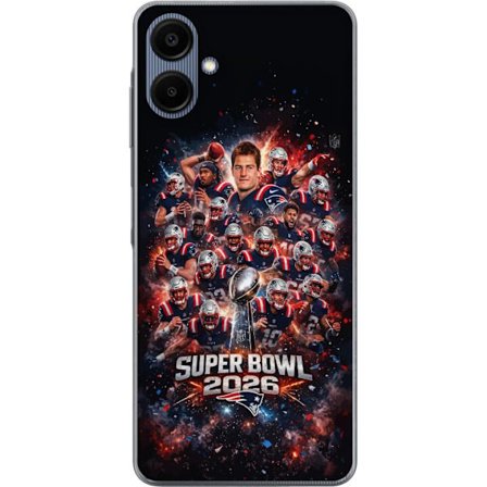 Yhteensopiva Puhelinkuori Samsung Galaxy A06 Super Bowl 2026 juliste, jossa New England Patriots ja NFL-mestaruuspalkinto räjähtävän urheilullisessa s