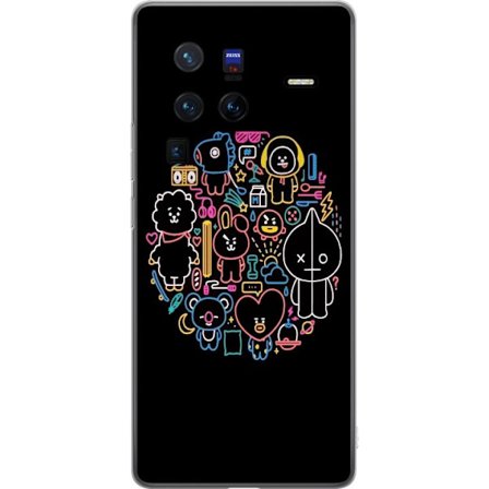 vivo X80 Pro Gennemsigtig cover Farverig BT21 neonillustration fyldt med legende figurer, symboler og detaljer i en rund komposition, der lyser mod en