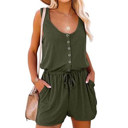 Kesähaalarit Naisille Rento Scoop Neck Napit Vyötärö Solmio Tank Top Jumpsuit Taskuilla OD Vihreä XXXL