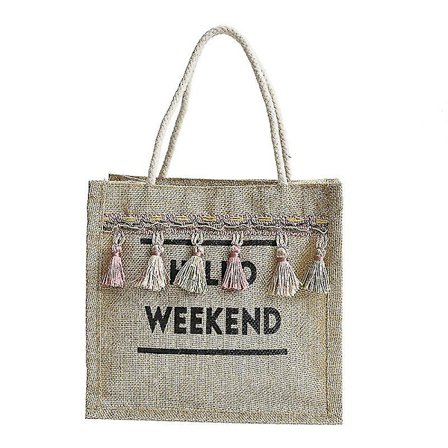 Kvinnors Tofs Trim Jute Beach Tote Shopping Bag Med Handtag