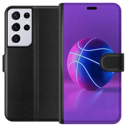 Kompatibelt Plånboksfodral till Samsung Samsung Galaxy S21 Ultra 5G Basketboll affisch neon boll sportkorg färgglad lila blått glöd retro design a