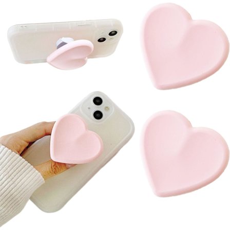2 STK Hjerteformet Silikone Mobiltelefon Grip Stand, Sammenklappelig Mobiltelefon Finger Grip Holder til Smartphone Tablet Mobiltelefontilbehør (Pink)