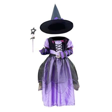 Halloween-noidanmekko hatulla lapsille, violetti satumainen noitapuku, naamiaisasu