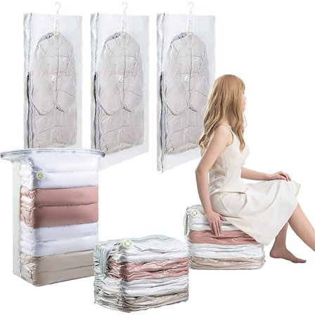 Hængende vakuumopbevaringsposer & kube vakuum pladsbesparende poser, kombinationspakke med 6 stk. skabsarrangør til tøj, sengetøj, tæpper, frakker, 