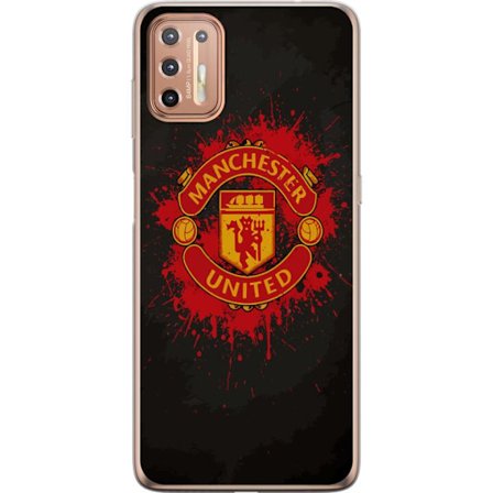 Kompatibelt Mobildeksel til Motorola Motorola Moto G9 Plus Manchester United logo i rød og gul farge med røff sportslig bakgrunn