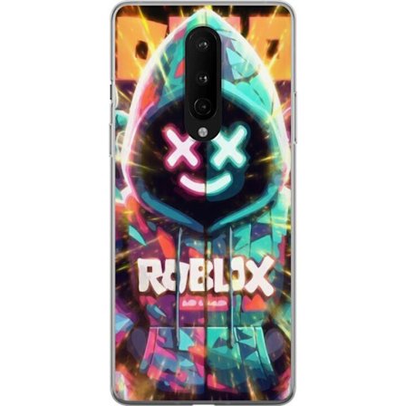 Yhteensopiva Puhelinkuori OnePlus OnePlus 8 Neonvärisellä Roblox-hupparihahmolla on hehkuvia efektejä ja energialla täytetty tausta, moderni peli-