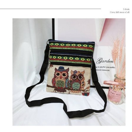Liten dubbel dragkedja Messenger Bag Cartoon Owl Printed Bag AA