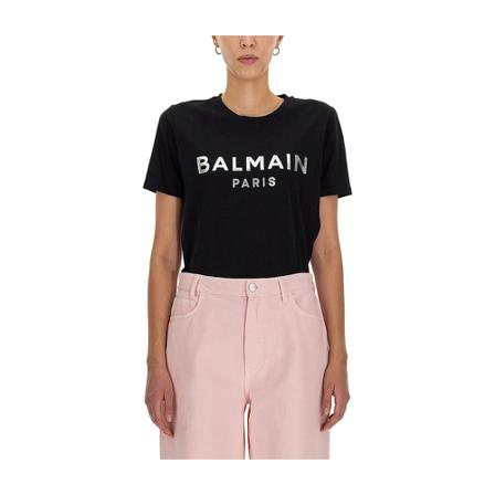 Balmain, Laminated Logo T-Shirt Zwart, Dames, Maat:M