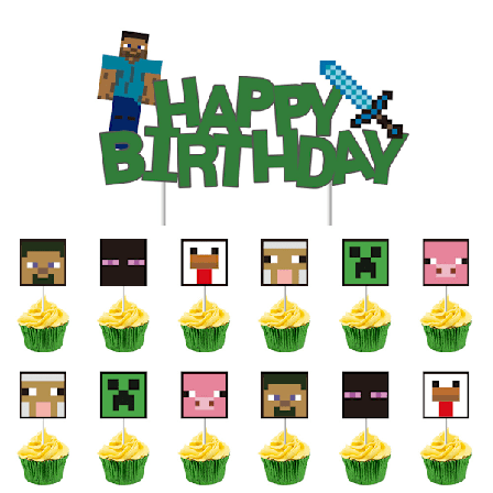 26 Minecraft Dekorationer, Kagepynt, Cupcakeindsatser, Bagte Dessertflag til Minecraft Temafest
