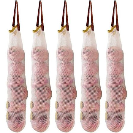 Hængende opbevaringsnetposer 5-pak Løgposer Net Hvidløgsnetposer Kartoffelposer Lange og store genanvendelige netopbevaringsposer til frugt grøntsager