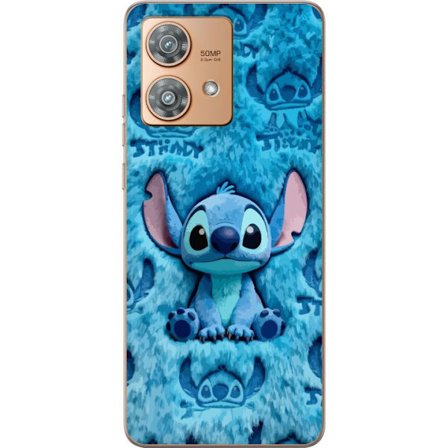 Kompatibelt Mobildeksel til Motorola Edge 40 Neo Stitch sitter på fluffy blått mønster med sitt ansikt og ører gjentatt som tekstur, noe som skaper et