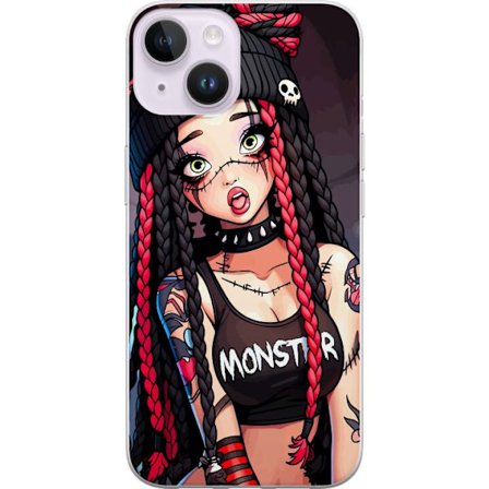 Kompatibelt Mobildeksel til Apple Apple iPhone 15 Plus Gotisk monsterjente illustrasjon med flettet hår, skallelue og punk stil fargerikt mørkt kuns
