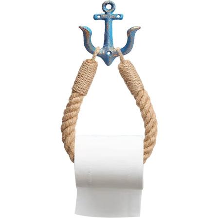 Nautisk toalettpapirholder, rustikk industriell veggmontert strandtema tauhåndkleholder med metallkroker for baderomsdekor (blå)