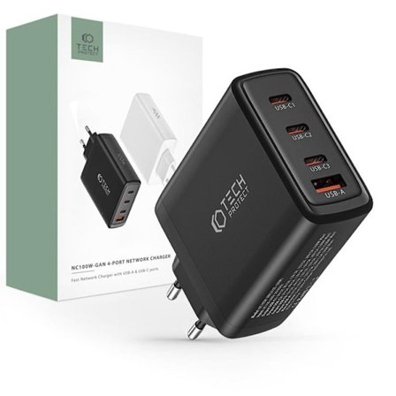 Tech-Protect 4-Port Vægoplader 3x USB-C/1x USB-A PD100W - Sort