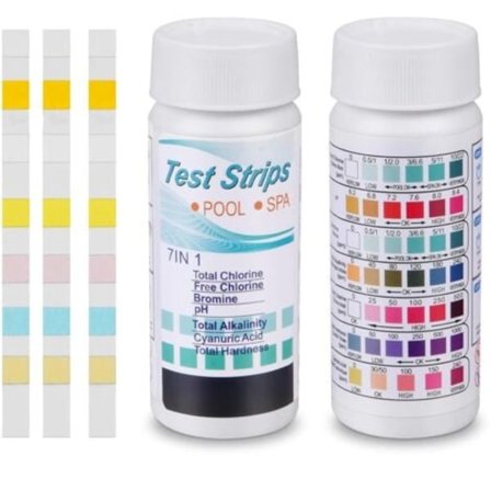 TS-100 stk. 7-i-1 Pool Teststrimler, Pool PH Tester til Vandhårdhed, Brom- og Klortester, Vandanalyse Sæt til Spa & Akvarium