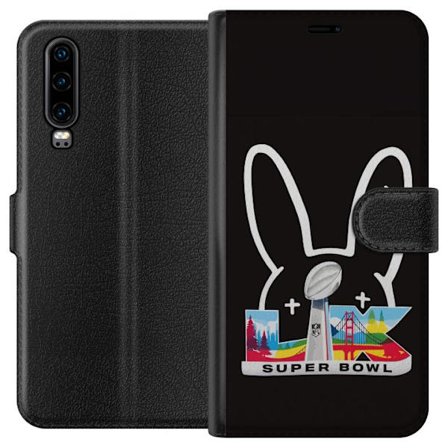 Kompatibel Tegnebogsetui til Huawei P30 Bad Bunny portræt med åben skjorte, tatoveringer og krøllet hår i stilfuld modefotografering