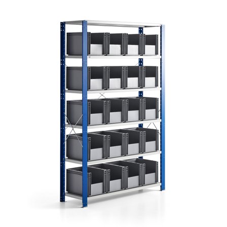 Weitspannregal FRASER + MIX mit 20 Kunststoffboxen, 2100 x 1365 x 400 mm