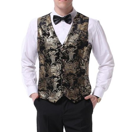 Allthemen Herre V-trykt Business Casual Guld Sølv Dragt Vest Sort Guld XS
