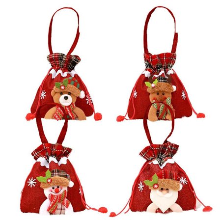 Pakke med 4 juleposer Xmas gavepose med snøre til slik KLB