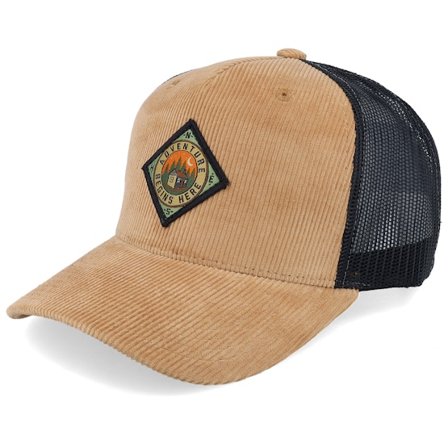 Wild Spirit - Beige Trucker Cap - Adventure Begins Here Cord Caramel/Black A-frame @ Hatstore