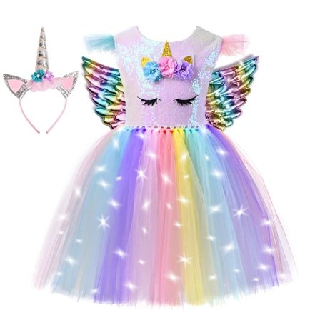 Enhjørningekjole til piger, Enhjørningekostumer LED-belyst TuTu-kjole med pandebånd Hvid B- Perfet Hvid B