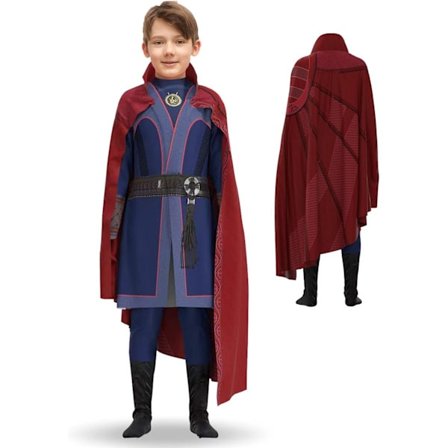 2022 Barn Dr Superhero Strange Kostyme Deluxe Overall Rød Krage Kappe Antrekk For Halloween Cosplay Kostymefest Fancy Dress Up(M 140CM)