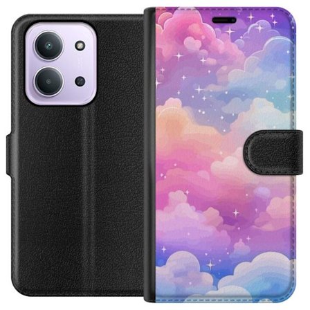 Kompatibelt Lommeboketui til Xiaomi Redmi 15C Søt enhjørning med regnbuefarget hår mot en stjernebelagt pastellbakgrunn i kawaii-stil