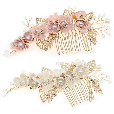 Brude Blomster Bryllup Hårkam 2 Stk Brud Hovedbeklædning Hår Blad Tilbehør Rhinestone Blomst Brude Clip til Brude Kvinder Piger Hvid og Pink